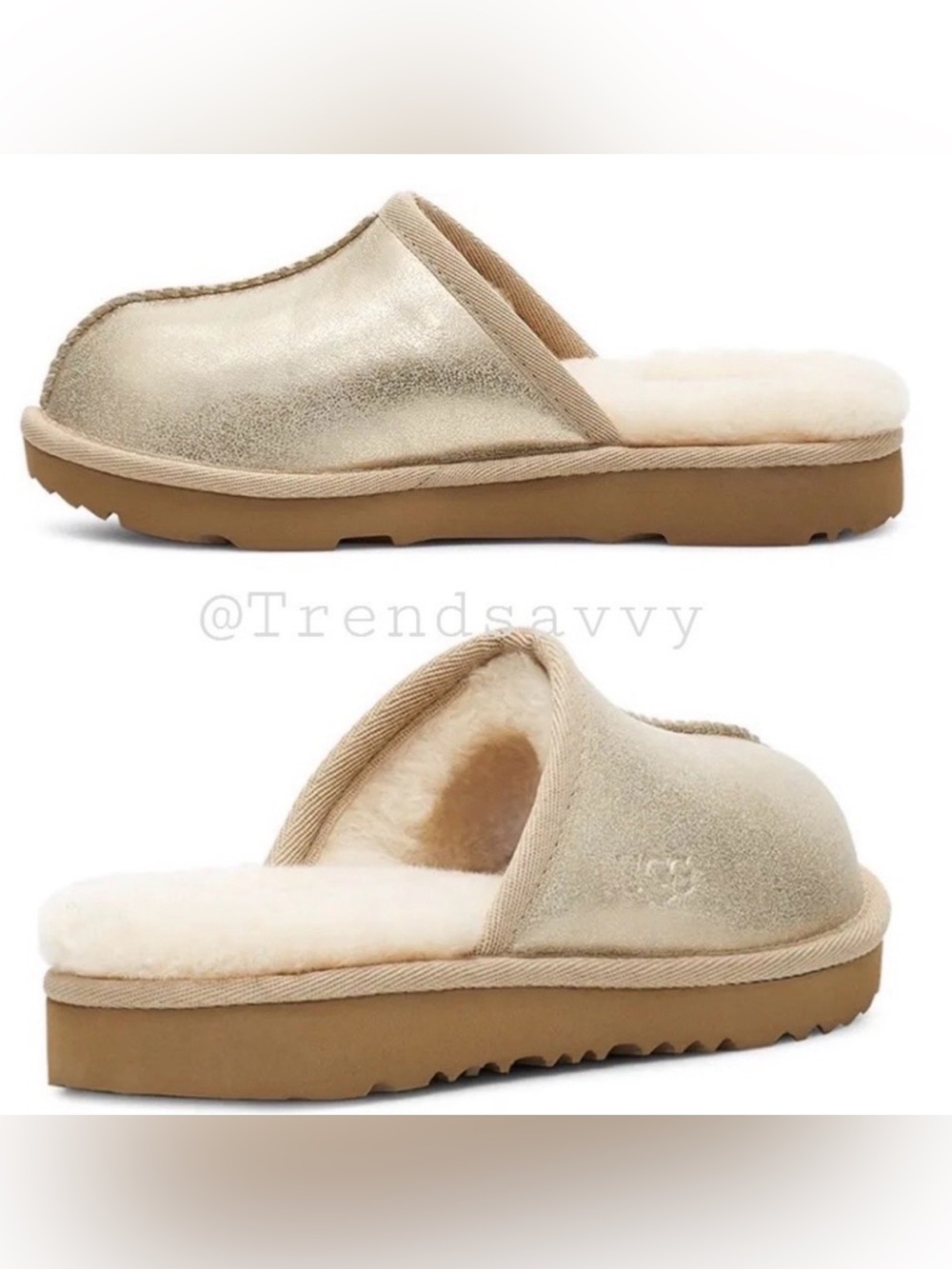 UGG Kids Keegan Metallic Gold Shimmer Faux Fur Lined Slippers Slip-On Shoes NWT